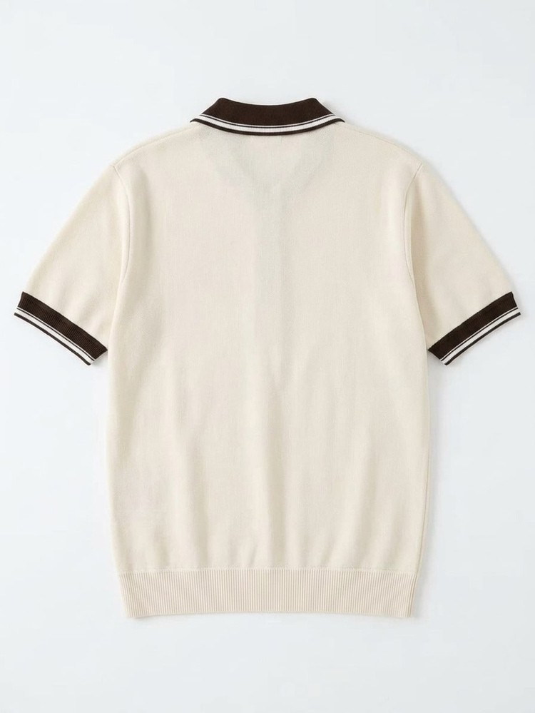 Claim Dot Men's Knit Contrast Collar Short Sleeve Polo Shirt, Brown Summer Casual Smart Casual Dates Office Top For Wedding Holiday Vacation Beach - Beige - View 3