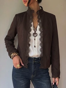SHEIN PETITE Women's Lace Patchwork Casual Daily Long Sleeve Jacket - Brown - View 4