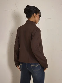 SHEIN PETITE Women's Lace Patchwork Casual Daily Long Sleeve Jacket - Brown - View 2