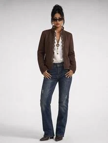 SHEIN PETITE Women's Lace Patchwork Casual Daily Long Sleeve Jacket - Brown - View 6