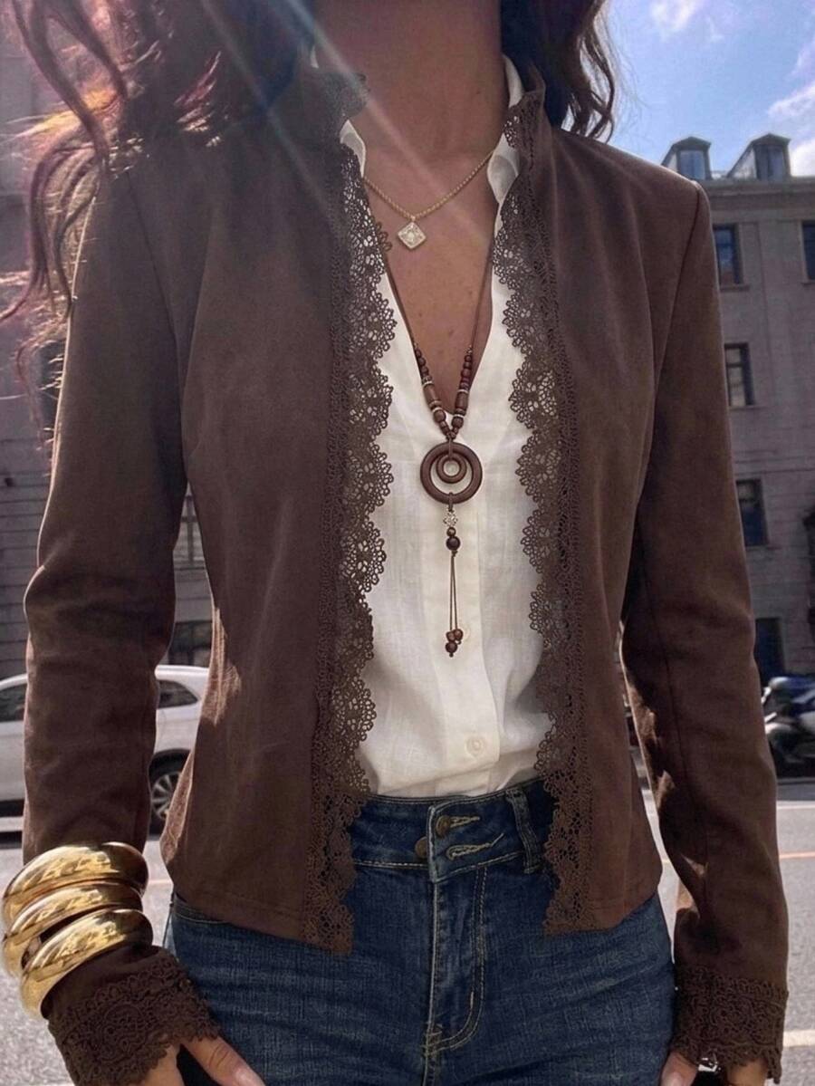 SHEIN PETITE Women's Lace Patchwork Casual Daily Long Sleeve Jacket - Brown - View 1