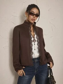 SHEIN PETITE Women's Lace Patchwork Casual Daily Long Sleeve Jacket - Brown - View 11