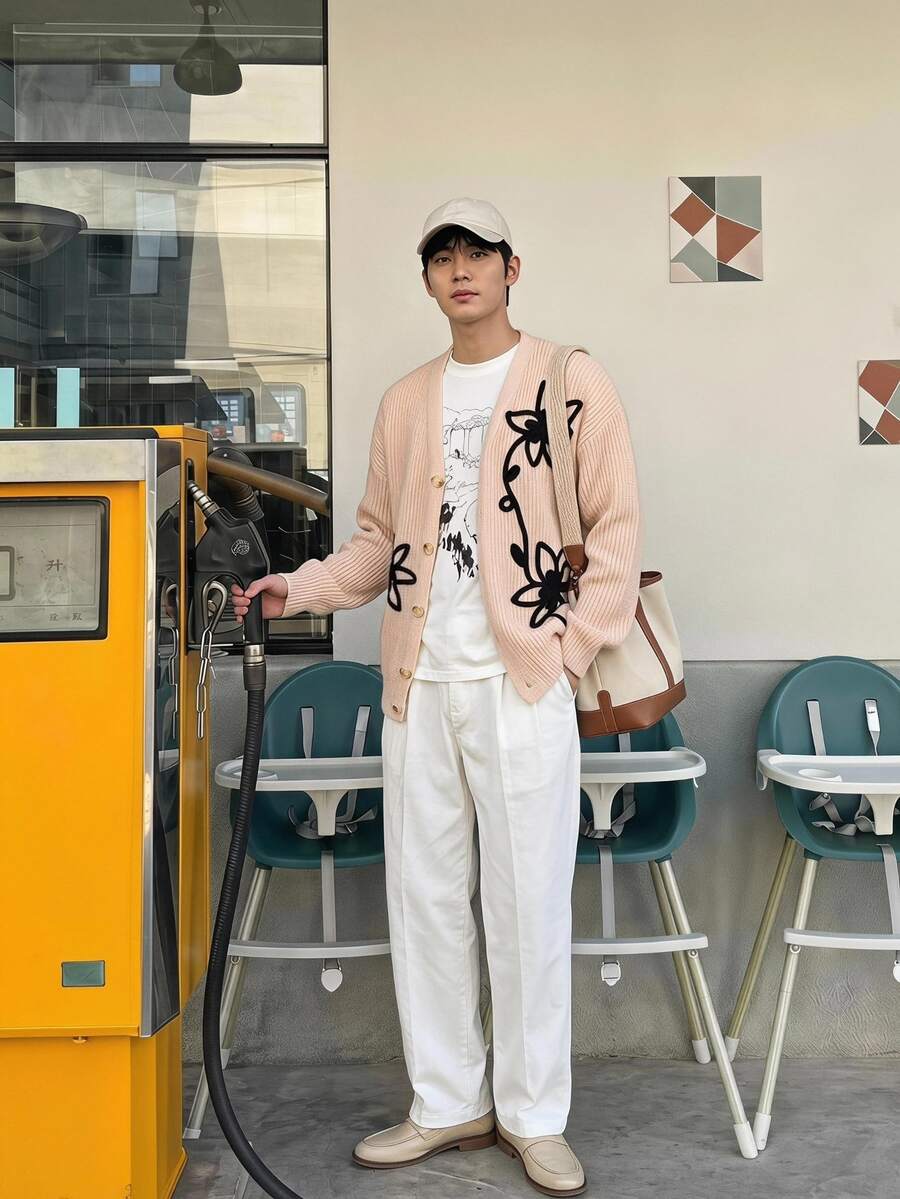 Claim Dot Men's Floral Pattern Long Sleeve Single-Breasted Casual Cardigan - Apricot - View 1