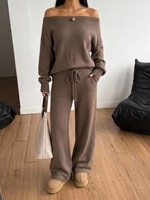 SHEIN PETITE Women's Autumn/Winter Camel Long Sleeve Sweater And Drawstring Waist Knit Pants Set - Coffee Brown - View 5