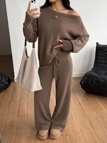 SHEIN PETITE Women's Autumn/Winter Camel Long Sleeve Sweater And Drawstring Waist Knit Pants Set - Coffee Brown - View 1