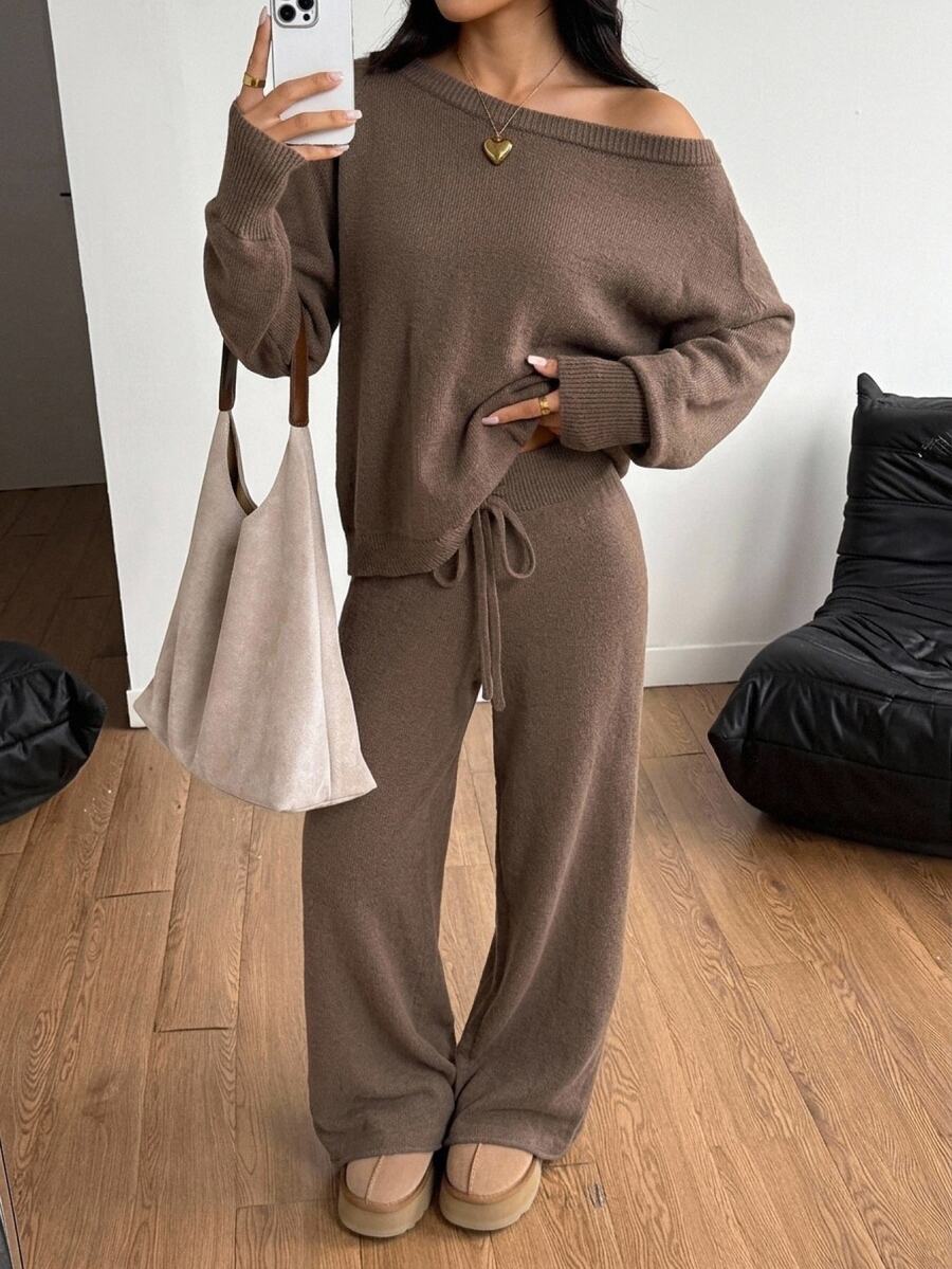SHEIN PETITE Women's Autumn/Winter Camel Long Sleeve Sweater And Drawstring Waist Knit Pants Set - Coffee Brown - View 1