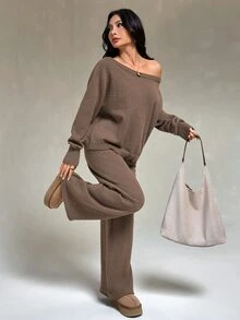 SHEIN PETITE Women's Autumn/Winter Camel Long Sleeve Sweater And Drawstring Waist Knit Pants Set - Coffee Brown - View 10