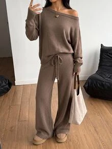 SHEIN PETITE Women's Autumn/Winter Camel Long Sleeve Sweater And Drawstring Waist Knit Pants Set - Coffee Brown - View 3