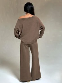 SHEIN PETITE Women's Autumn/Winter Camel Long Sleeve Sweater And Drawstring Waist Knit Pants Set - Coffee Brown - View 2