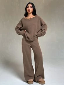 SHEIN PETITE Women's Autumn/Winter Camel Long Sleeve Sweater And Drawstring Waist Knit Pants Set - Coffee Brown - View 6