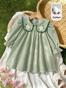 SHEIN Baby Girl Floral Embroidery Peter Pan Collar Flounce Sleeve Dress - Green - View 6