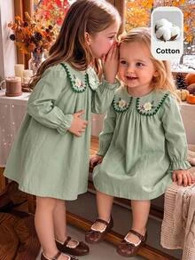 SHEIN Baby Girl Floral Embroidery Peter Pan Collar Flounce Sleeve Dress - Green - View 2