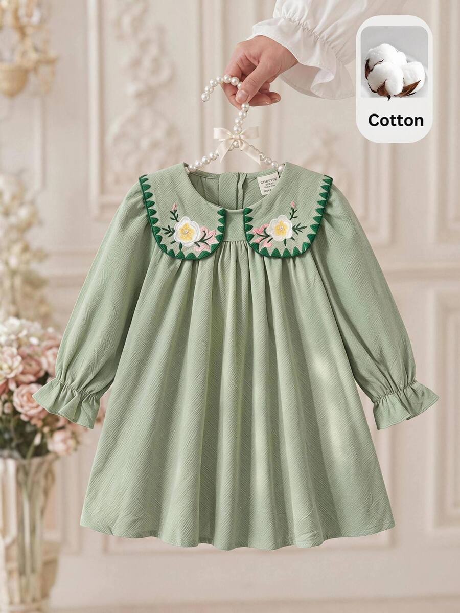 SHEIN Baby Girl Floral Embroidery Peter Pan Collar Flounce Sleeve Dress - Green - View 1