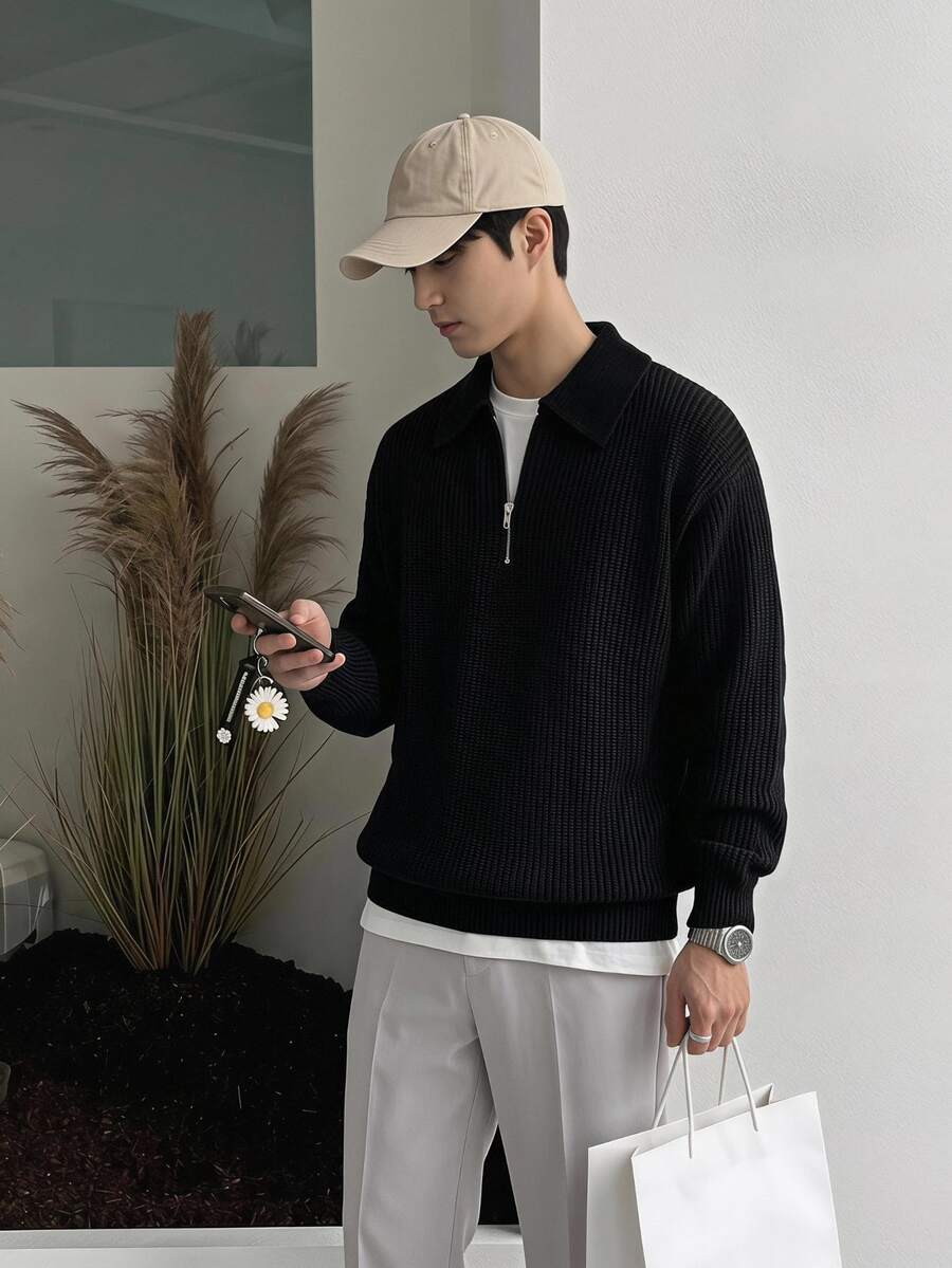 Claim Dot Men 1pc Quarter Zip Ribbed Knit Plain Casual Collared Long Sleeve Sweater, For Going Out, Friends, For Fall Winter - Grey - View 1