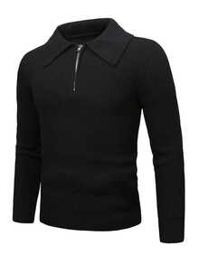 Claim Dot Men 1pc Quarter Zip Ribbed Knit Plain Casual Collared Long Sleeve Sweater, For Going Out, Friends, For Fall Winter - Grey - View 3