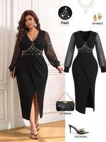 Femmeverse Plus Size Women's Waist-Cinching Beaded Asymmetrical Hemline Contrast Mesh Lightweight Dress - Black - View 3