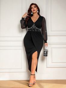 Femmeverse Plus Size Women's Waist-Cinching Beaded Asymmetrical Hemline Contrast Mesh Lightweight Dress - Black - View 4