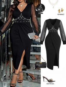 Femmeverse Plus Size Women's Waist-Cinching Beaded Asymmetrical Hemline Contrast Mesh Lightweight Dress - Black - View 1