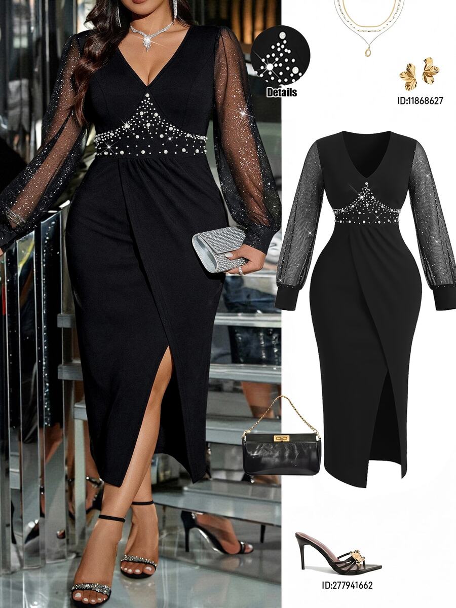 Femmeverse Plus Size Women's Waist-Cinching Beaded Asymmetrical Hemline Contrast Mesh Lightweight Dress - Black - View 1