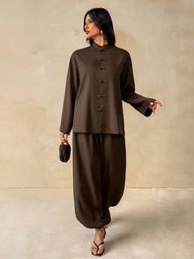 SHEIN Tall New Loose Linen New Chinese Style Button-Up Top + Lantern Trousers Women's Two Pieces Set - Brown - View 8
