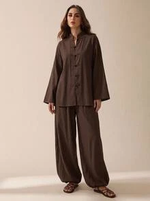 SHEIN Tall New Loose Linen New Chinese Style Button-Up Top + Lantern Trousers Women's Two Pieces Set - Brown - View 3