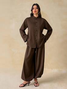 SHEIN Tall New Loose Linen New Chinese Style Button-Up Top + Lantern Trousers Women's Two Pieces Set - Brown - View 7