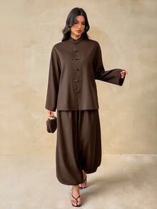 SHEIN Tall New Loose Linen New Chinese Style Button-Up Top + Lantern Trousers Women's Two Pieces Set - Brown - View 10