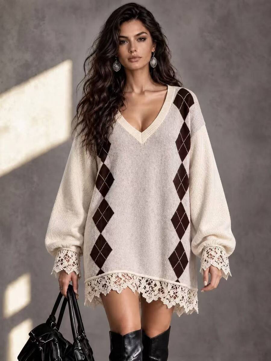 LUMIGAL Women's Elegant Diamond Quilted Jacquard Lace Patchwork Sweater Dress