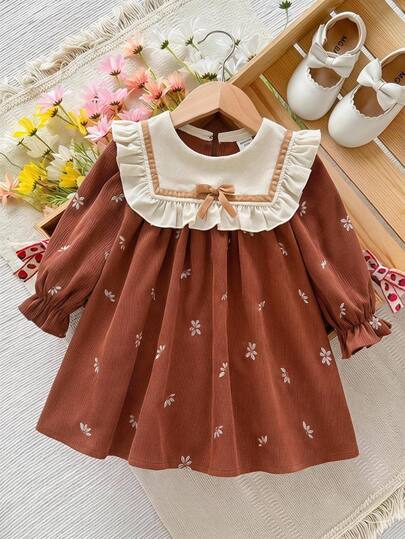 SHEIN Baby Girl Woven Colorblock Ruffle Embroidered Casual Dress