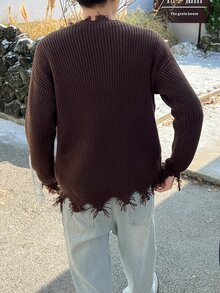 Claim Dot Men Letter Pattern Drop Shoulder Distressed Trim Sweater - Coffee Brown - View 2