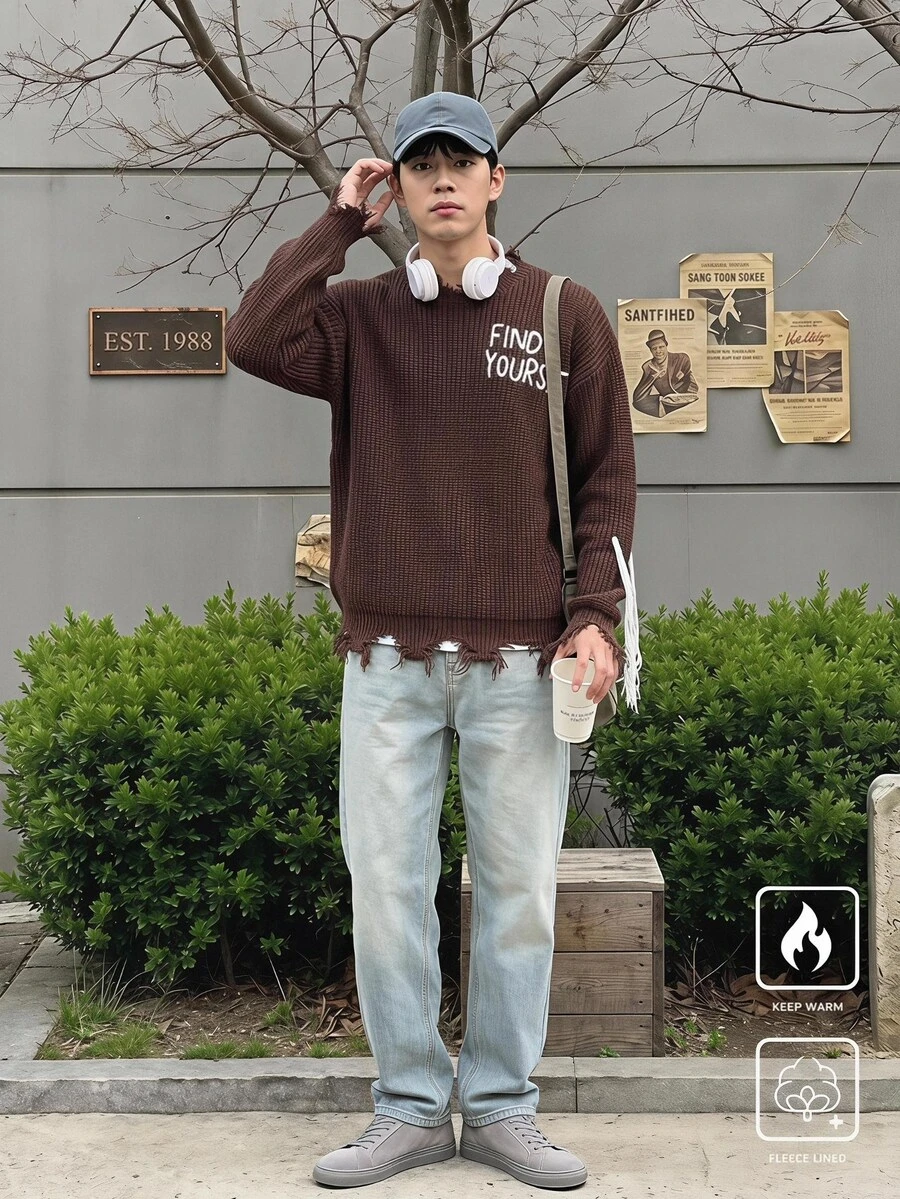 Claim Dot Men Letter Pattern Drop Shoulder Distressed Trim Sweater - Coffee Brown - View 1