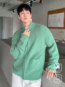 Claim Dot 1pc Men's Solid Color Zip-Up Casual Cardigan, Autumn/Winter - Multicolor - View 3