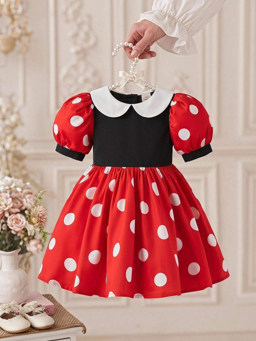 SHEIN Baby Girl Woven Color Block Polka Dot Petal Sleeve Fitted Dress Formal Wear - Multicolor - View 1