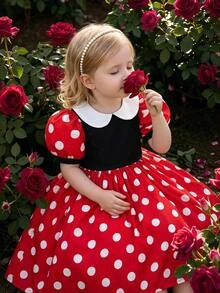 SHEIN Baby Girl Woven Color Block Polka Dot Petal Sleeve Fitted Dress Formal Wear - Multicolor - View 2