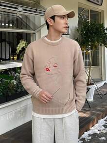 Claim Dot Jersey holgado de cuello redondo con bordado de retrato casual de uso diario para hombres, otoño/invierno - Caqui - Ver 1
