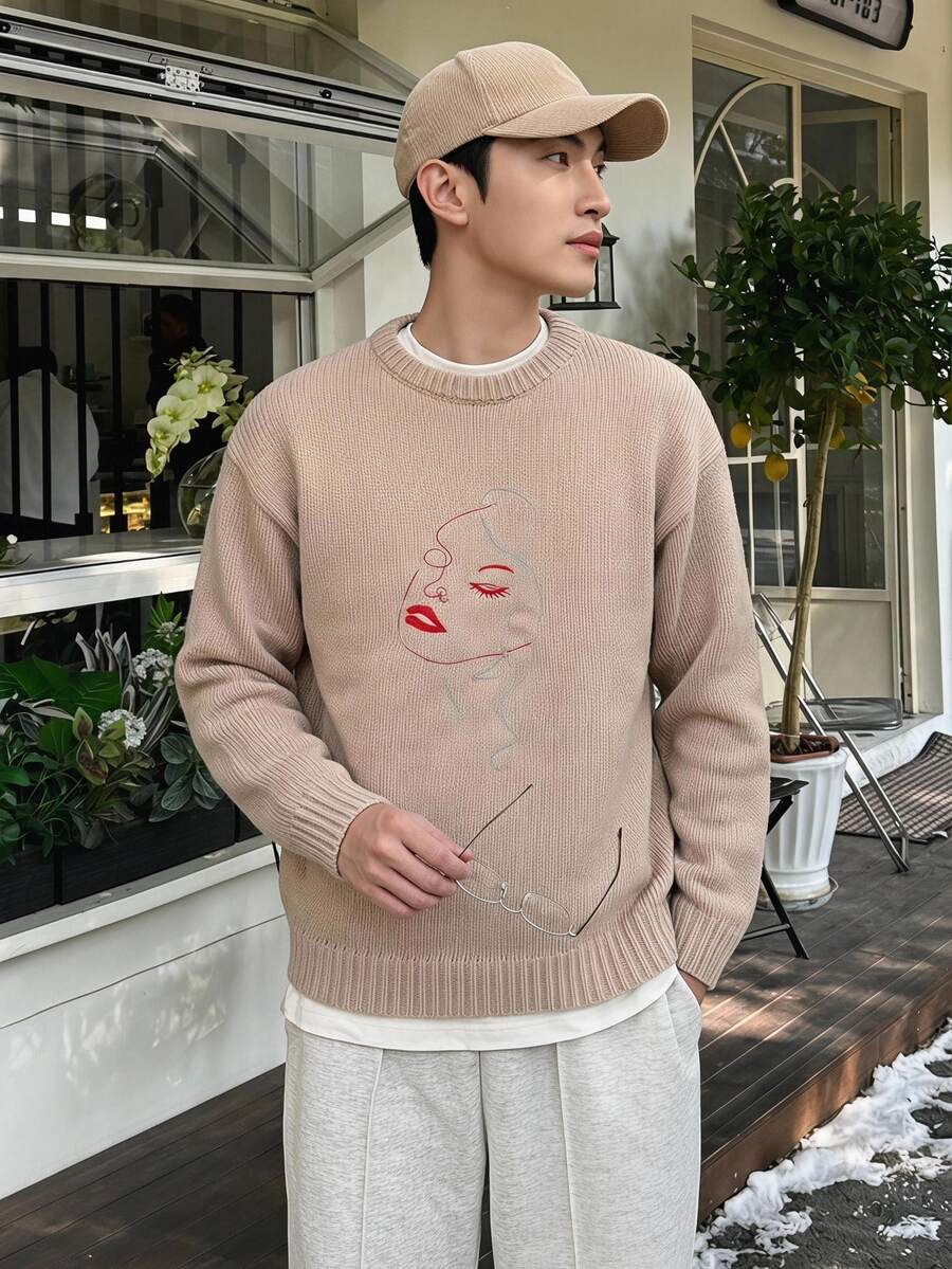 Claim Dot Jersey holgado de cuello redondo con bordado de retrato casual de uso diario para hombres, otoño/invierno - Caqui - Ver 1