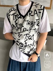 Claim Dot 男士休闲字母图案拼色边饰毛衣背心，秋冬 - 黑與白 - 查看 6