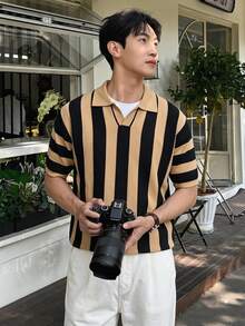 Claim Dot Men's Casual Striped Short Sleeve Knit Top - Khaki - View 1