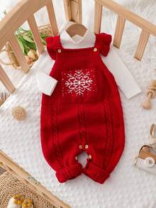 SHEIN 1pc Red Ruffle Strap Romper, Exquisite Embroidered Jumpsuit, Baby Sweater Jumpsuit, Fashionable Sweet Outfit, Versatile Comfortable Christmas Wear - Red - View 7