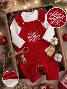 SHEIN 1pc Red Ruffle Strap Romper, Exquisite Embroidered Jumpsuit, Baby Sweater Jumpsuit, Fashionable Sweet Outfit, Versatile Comfortable Christmas Wear - Red - View 1
