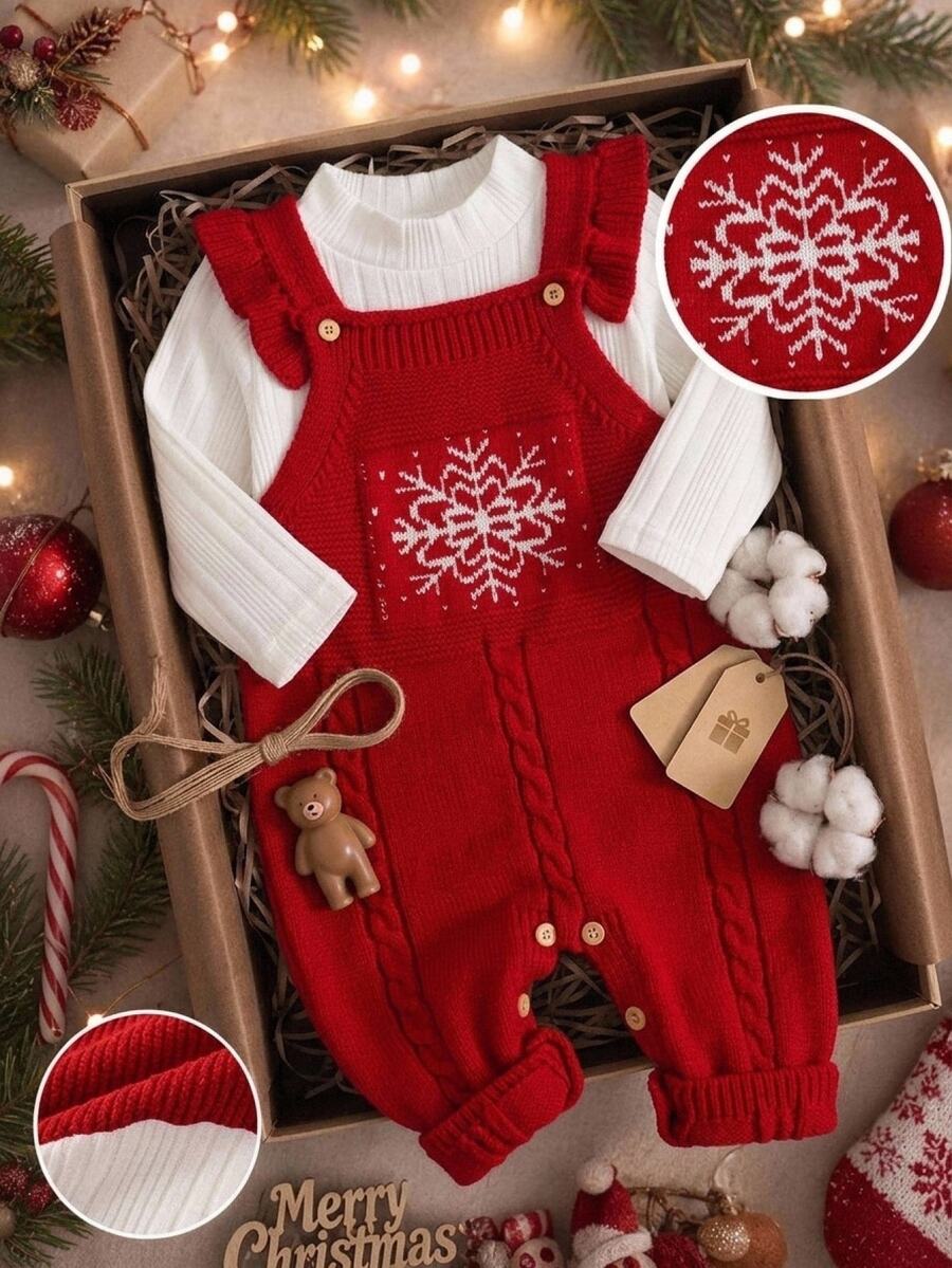 SHEIN 1pc Red Ruffle Strap Romper, Exquisite Embroidered Jumpsuit, Baby Sweater Jumpsuit, Fashionable Sweet Outfit, Versatile Comfortable Christmas Wear - Red - View 1