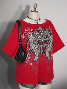 SHEIN ICON Plus Size Women's Gothic 90s Y2k Cross Pattern T-Shirt Office Black Summer - Red - View 8
