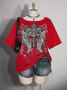 SHEIN ICON Plus Size Women's Gothic 90s Y2k Cross Pattern T-Shirt Office Black Summer - Red - View 14