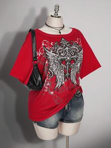 SHEIN ICON Plus Size Women's Gothic 90s Y2k Cross Pattern T-Shirt Office Black Summer - Red - View 12