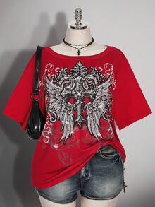 SHEIN ICON Plus Size Women's Gothic 90s Y2k Cross Pattern T-Shirt Office Black Summer - Red - View 1