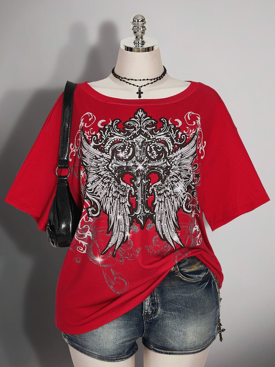 SHEIN ICON Plus Size Women's Gothic 90s Y2k Cross Pattern T-Shirt Office Black Summer - Red - View 1