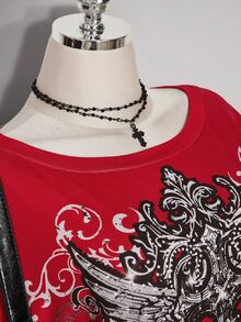 SHEIN ICON Plus Size Women's Gothic 90s Y2k Cross Pattern T-Shirt Office Black Summer - Red - View 11