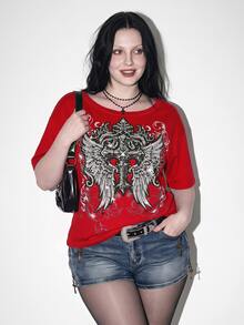 SHEIN ICON Plus Size Women's Gothic 90s Y2k Cross Pattern T-Shirt Office Black Summer - Red - View 2