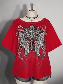 SHEIN ICON Plus Size Women's Gothic 90s Y2k Cross Pattern T-Shirt Office Black Summer - Red - View 4