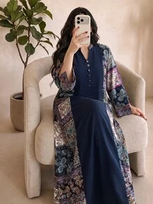 Al Najma Plus Size Women's Paisley Print Patchwork Arabian Modest Hawaiian Dress Thailand Holiday Dubai Holiday Umrah Navy Blue Summer - Multicolor - View 10